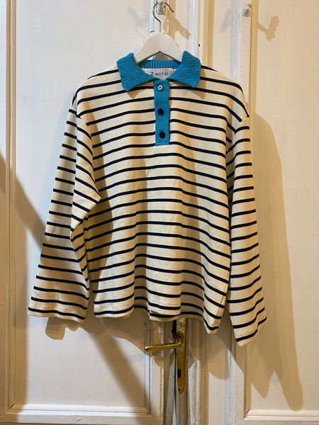 Knitted stripe blue collar Top