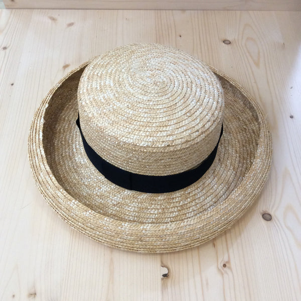 Roll up hem Boater straw hat with black ribbon