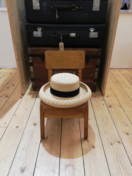 Roll up hem Boater straw hat with black ribbon