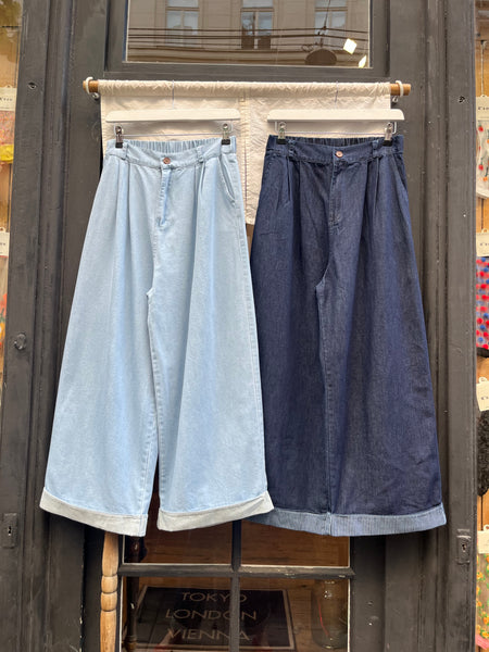 Striped Roll-up Wide Denim Pants