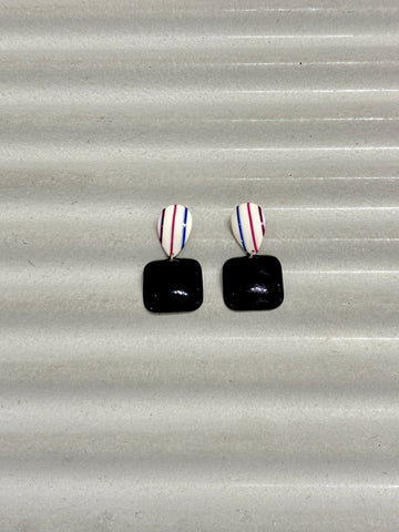Colorful stripes drop x black square earrings