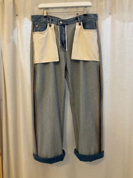 Inside-out blue denim trousers