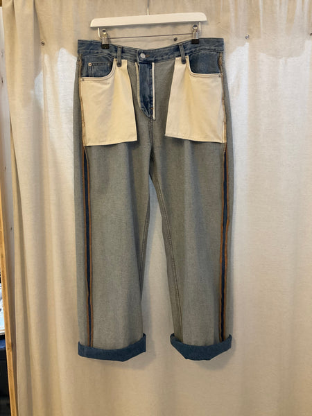 Inside-out blue denim trousers