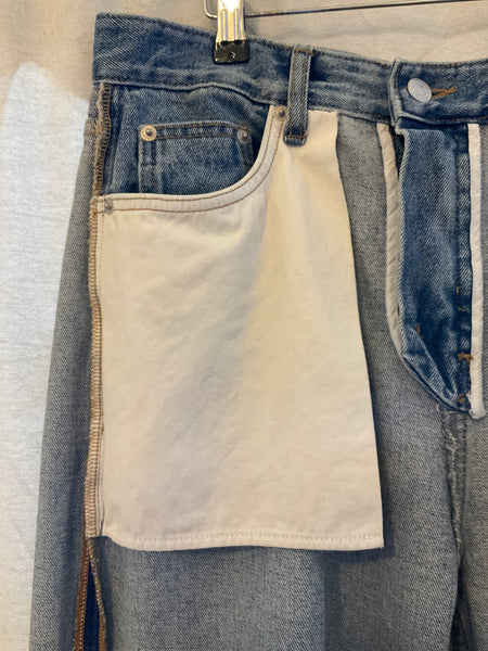 Inside-out blue denim trousers