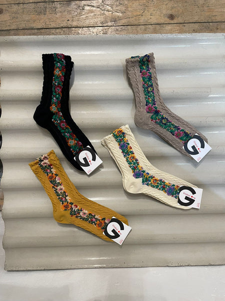 Side Flower Pattern Rib Socks