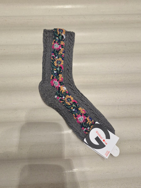 Side Flower Pattern Rib Socks